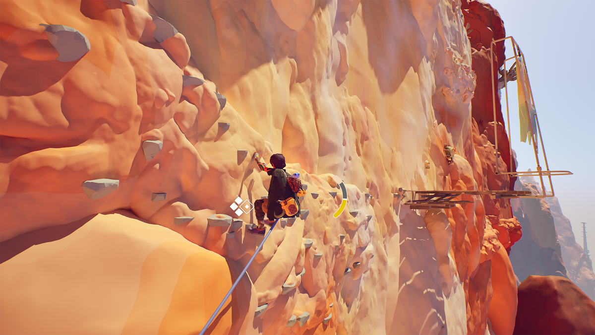A climbing character works their way across a sheer cliff bathed in sunlight, with handholds visible in the foreground and platform structures further away. in Jusant