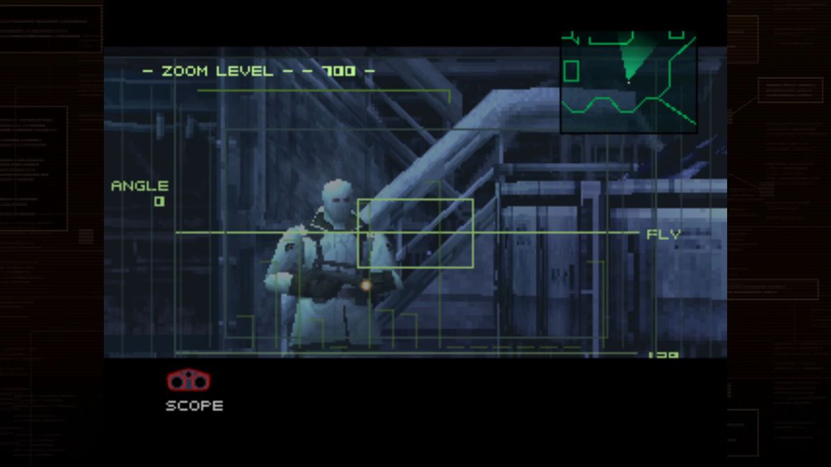 En skärmdump av kikarsikten i Metal Gear Solid zoomade in på en fiende