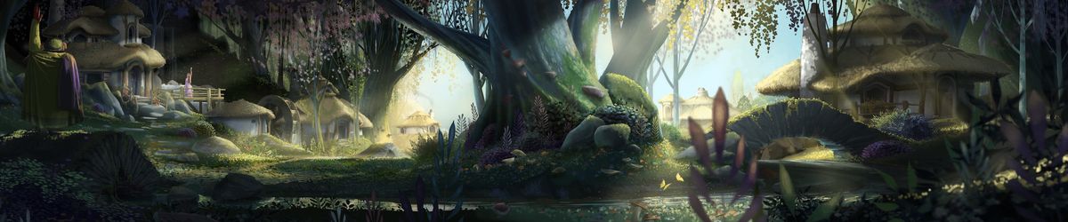En lång, smal konceptbild för Disney's Wish, som visar ett livligt grönt träd som hänger över en vattenmassa, med hus med halmtak i mörkare utrymmen till vänster och höger