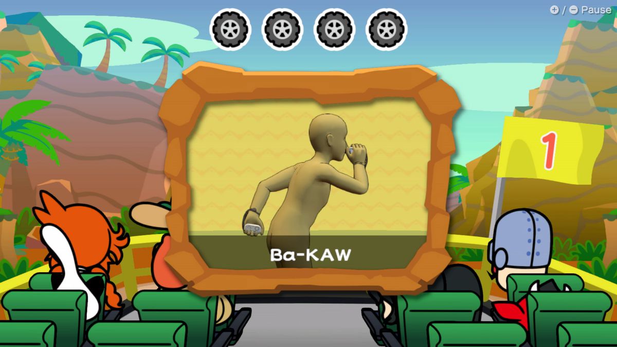 En menyskärm som visar Ba-KAW-posituren från WarioWare: Move It!