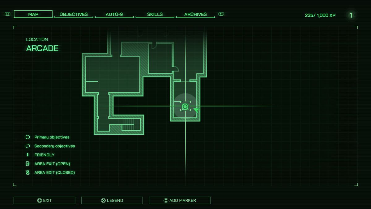 En karta som visar platsen för den hemliga knappen som låser upp det hemliga området i arkaden i RoboCop: Rogue City