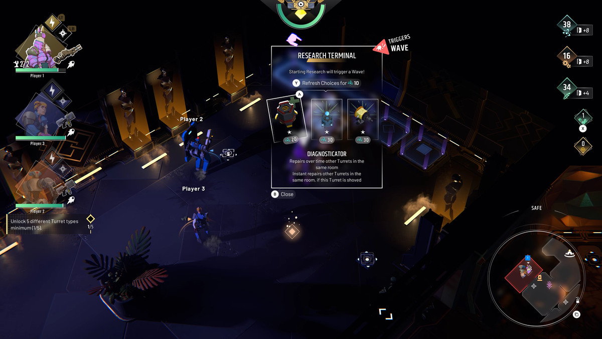 En spelare väljer mellan flera nya tornvarianter vid en forskningsterminal i Endless Dungeon