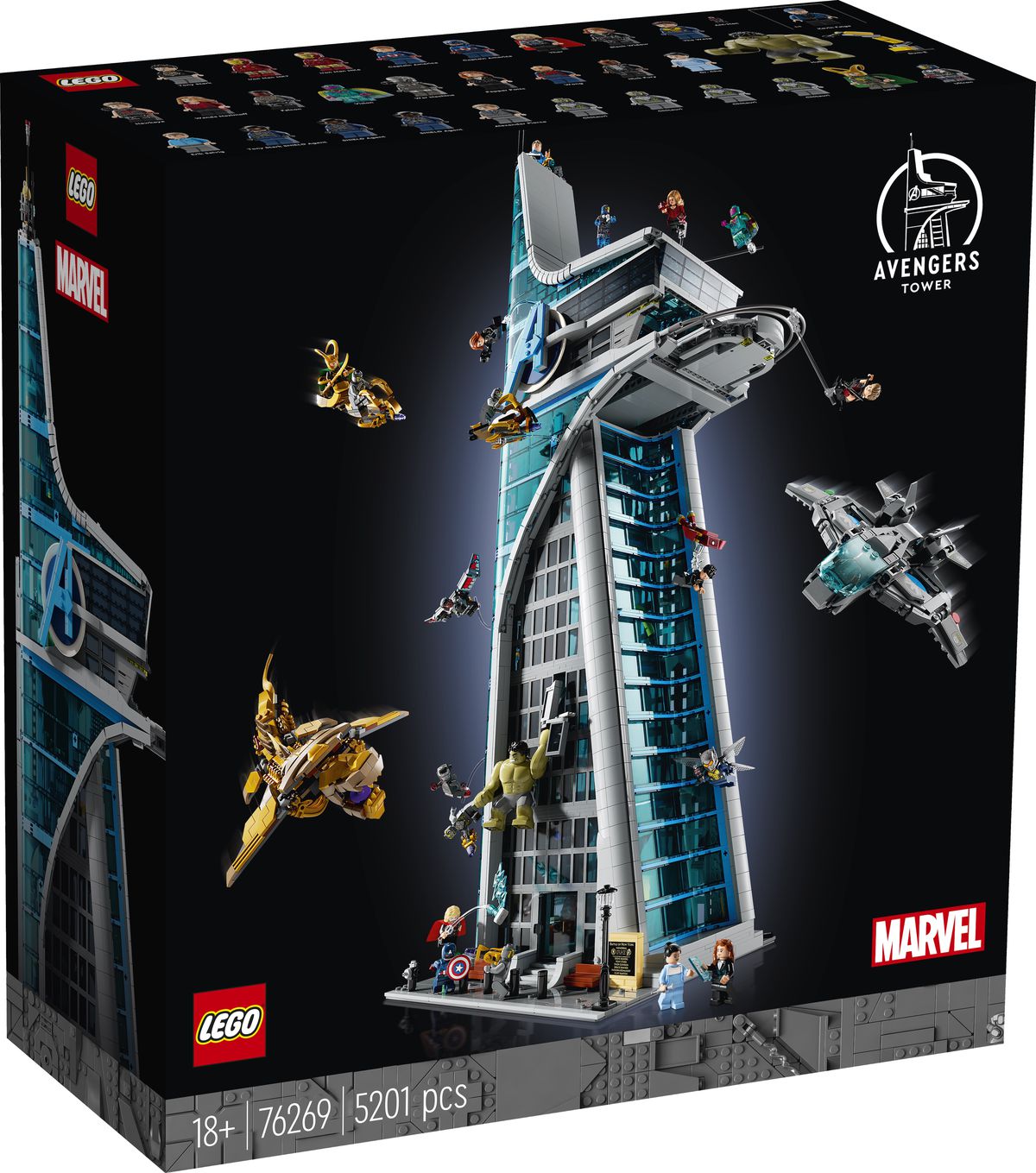 En boxbild av Lego Avengers Tower, som visar olika Avengers och Chitauri-styrkor som kämpar på utsidan