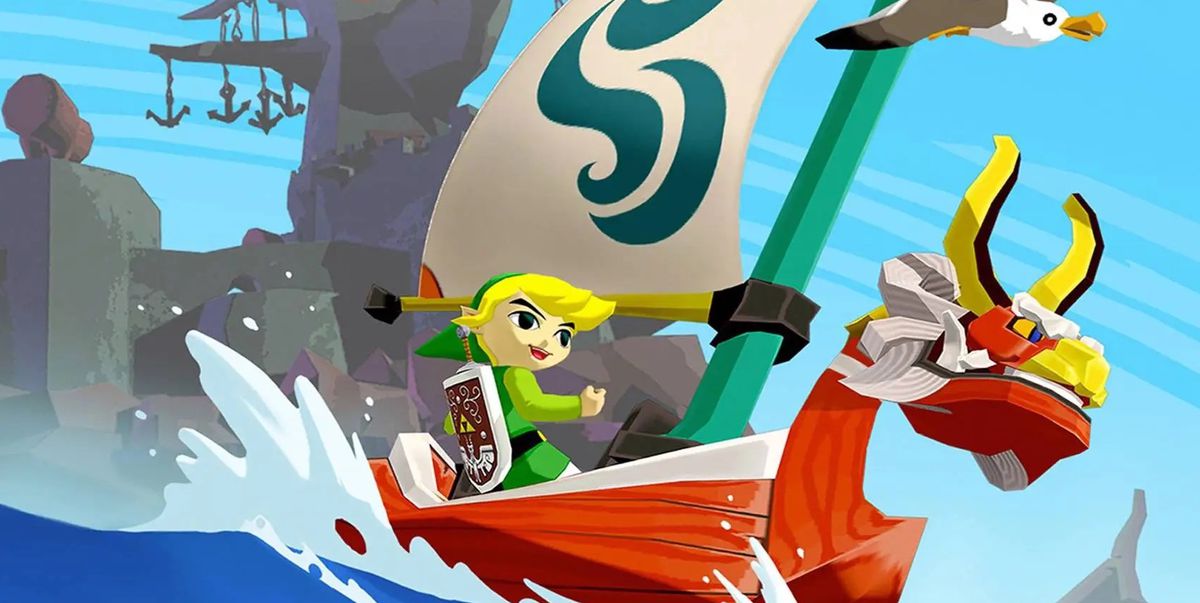 Link rider på sin båt och plaskar vatten i The Legend of Zelda: The Wind Waker