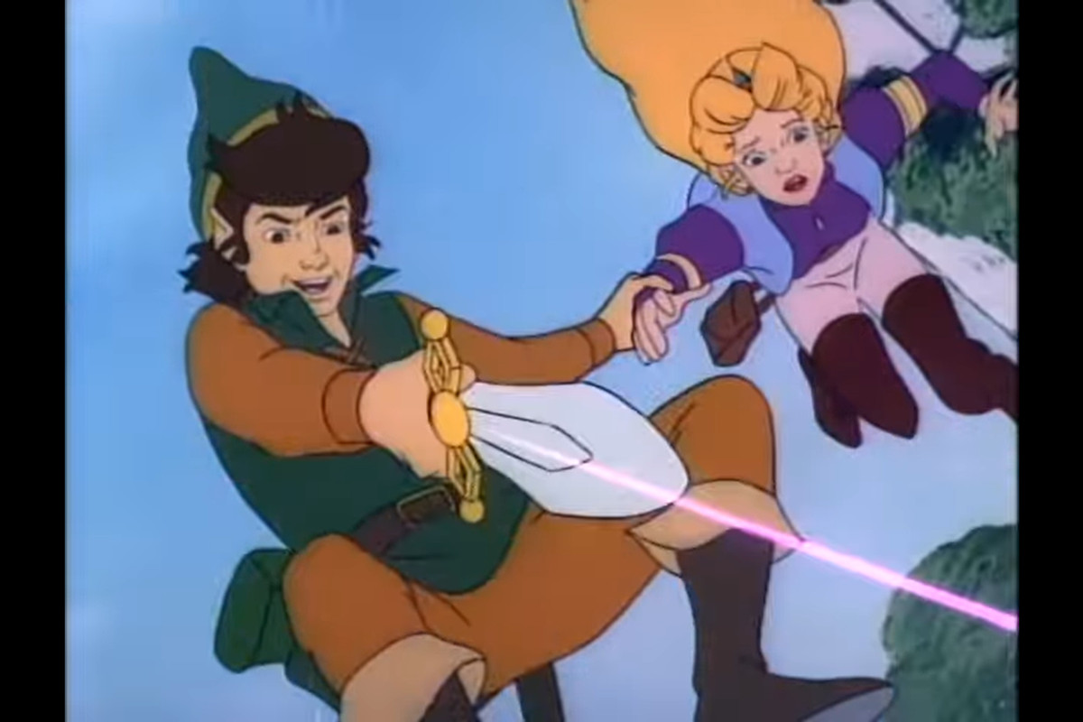 Link och Zelda faller från en höjd, Link pekar med ett magiskt svärd