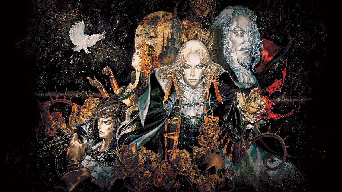 En målning av Castlevania-karaktärerna Alucard, Dracula och andra