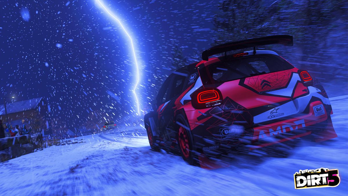 A car in Dirt 5 speeds through a snow and lightning storm