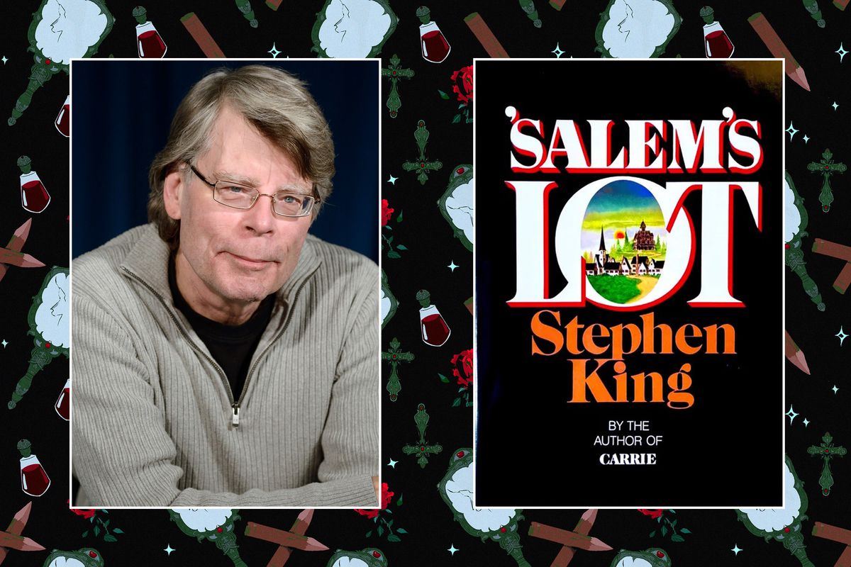 Ett foto av Stephen King bredvid omslaget till hans bok för Salem's Lot