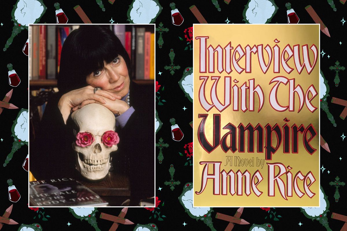 Ett porträtt av Anne Rice lutad mot en skalle bredvid omslaget till Interview with a Vampire