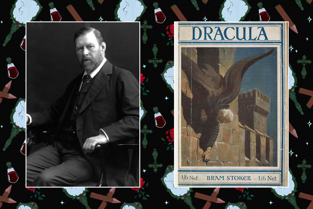 Ett porträtt av Bram Stoker bredvid omslaget till hans roman Dracula från 1897, som föreställer en man som hänger ut genom ett slottsfönster