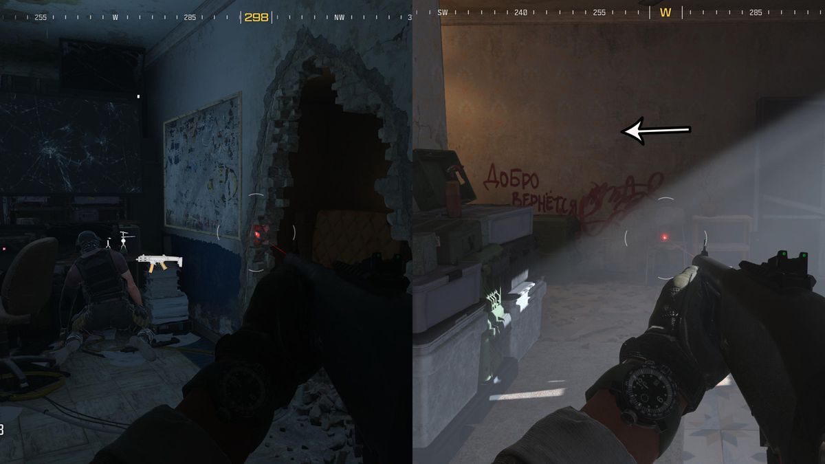 En soldat klättrar genom ett hål i väggen och letar efter Elevator Out of Order-trofén i Highrise i MW3.