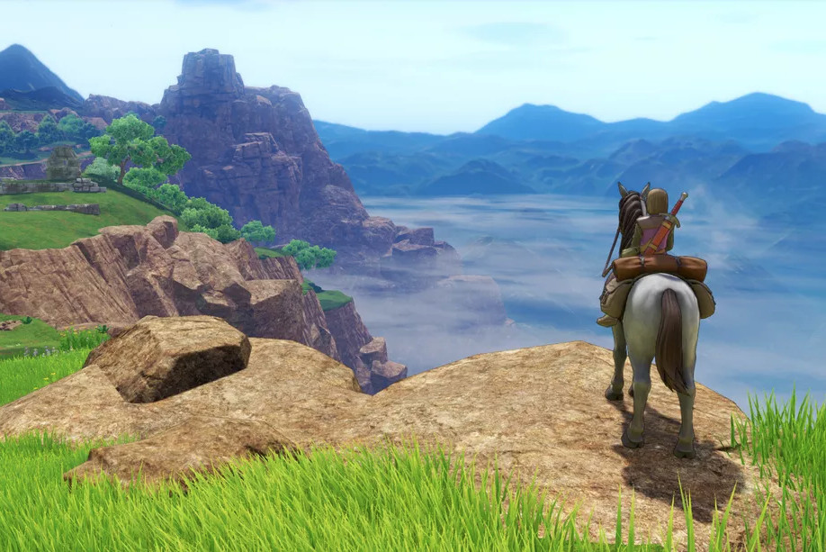 A player character mounted on a horse overlooking a cliffside vista in Dragon Quest 11.