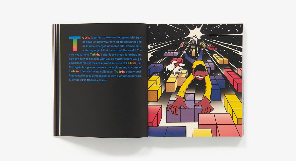 A person clings onto falling Tetris tetrominoes in Jordan Minor’s book Video Game of the Year.