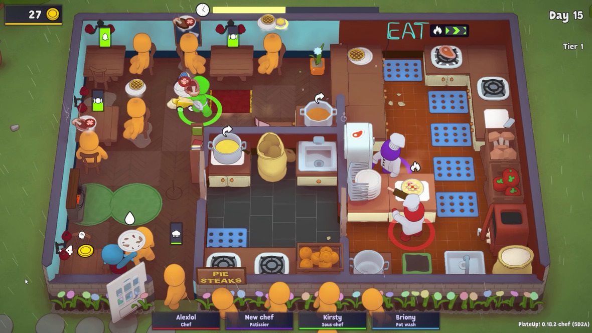 En kaotisk scen i PlateUp, med många kunder och kaos i köket när spelare gör biffpajer.