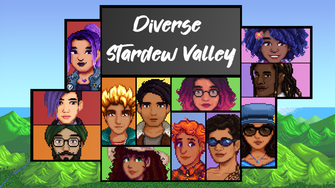 A patchwork image of Stardew Valley characters modded using Diverse Stardew Valley to be a more inclusive range of races.