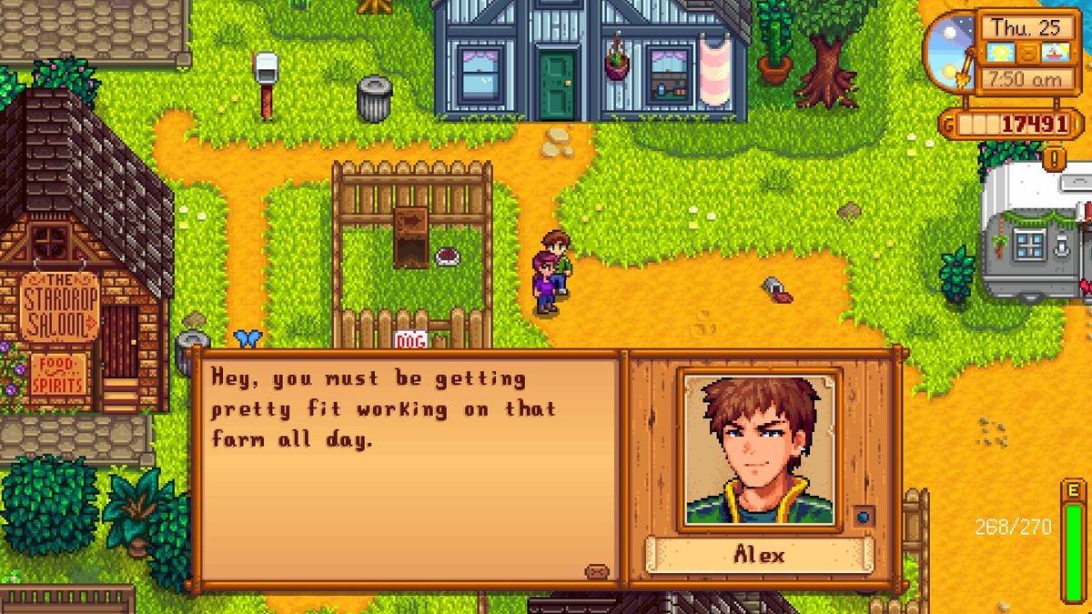 A screenshot from Stardew Valley where Alex is speaking. Alex’s portrait, thanks to the Anime Portraits mod, has been redone in an anime style.