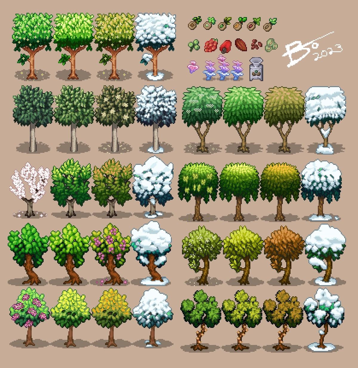Trees and foraged items from the Wild Food mod for Stardew Valley.