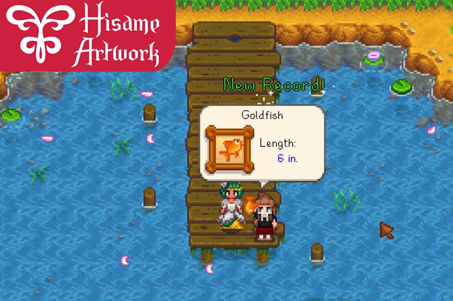 A Stardew Valley player catching a goldfish, as part of the More New Fish mod.