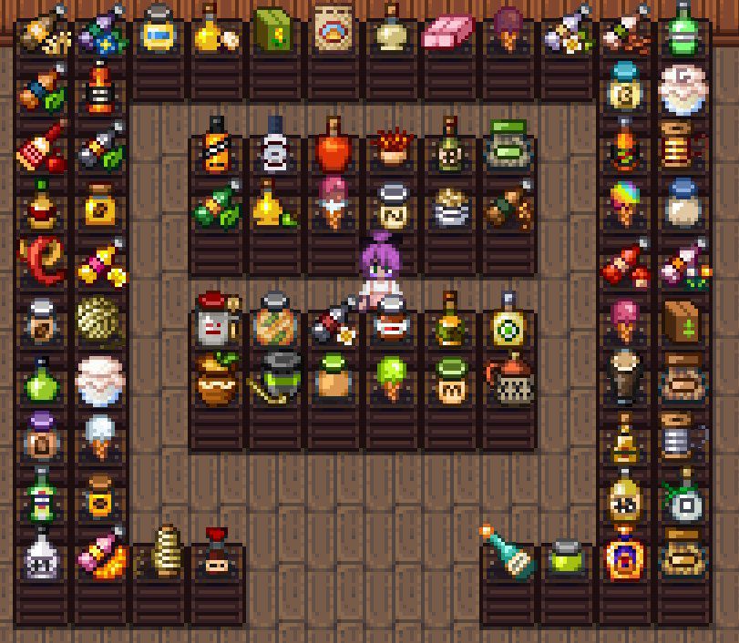 A screenshot from an Artisan Valley modded version of Stardew Valley where a player stands surrounded by tons of artisan items.