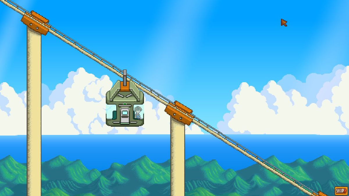 A cable car going up a hill in Stardew Valley, modded with Ridgeside Village.