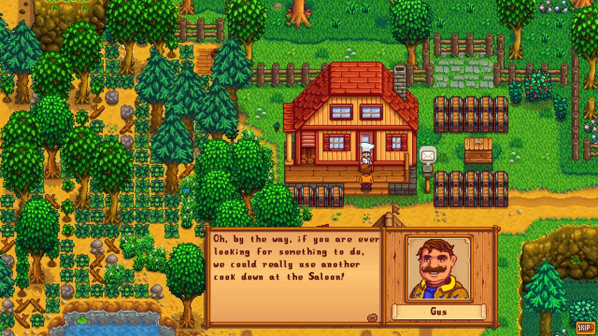 Stardew Valley with the Restauranteer mod. Gus is at the farmer’s house offering the job to cook at the Saloon.