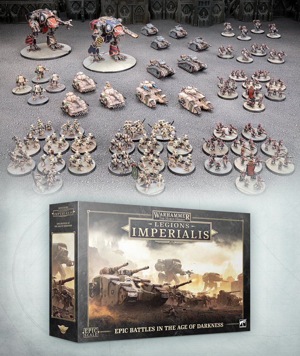 Ett gäng målade miniatyrer för Legions Imperialis, inklusive stridsvagnar, trupper och höga titaner.