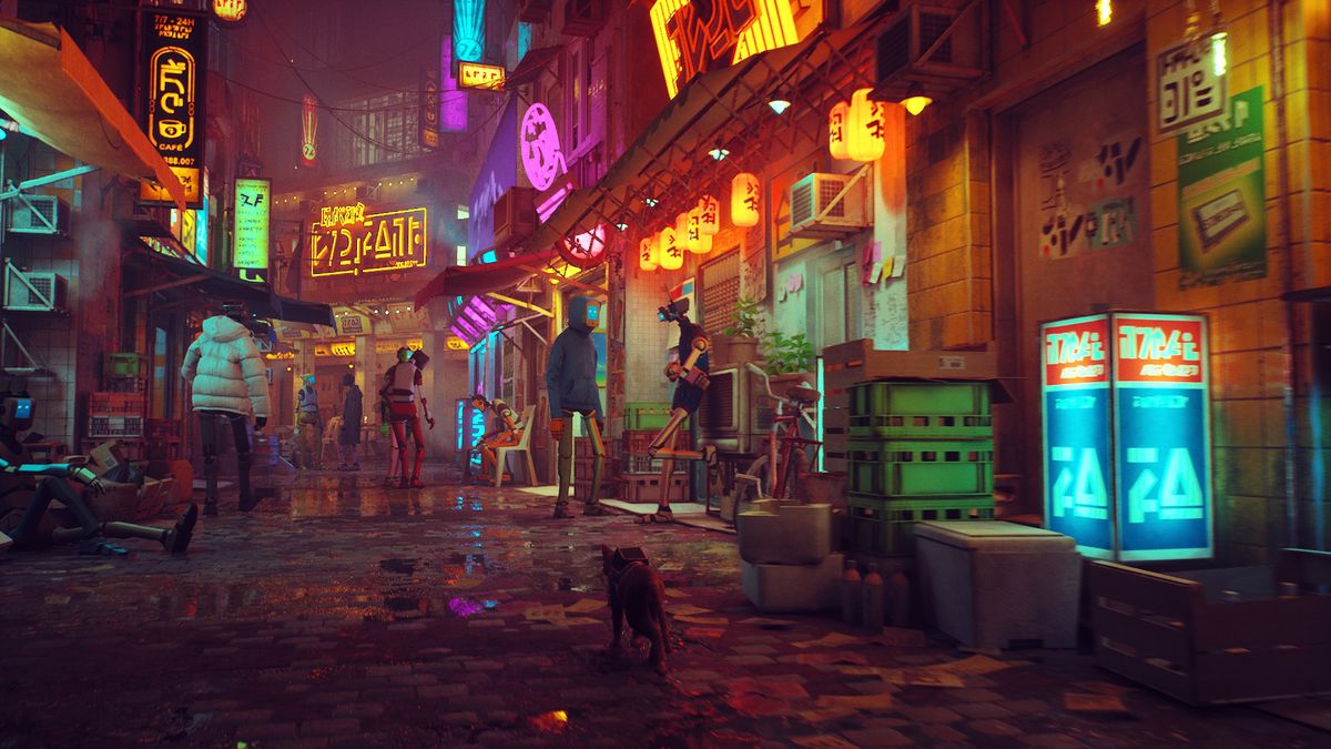 A cat walks the wet, neon-lit streets of a walled cybercity in Stray.