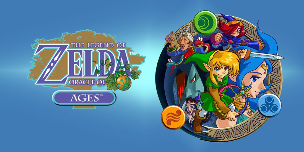 Nintendo promokonst för The Legend of Zelda: Oracle of Ages, som visar Link med en harpa med andra karaktärer i bakgrunden