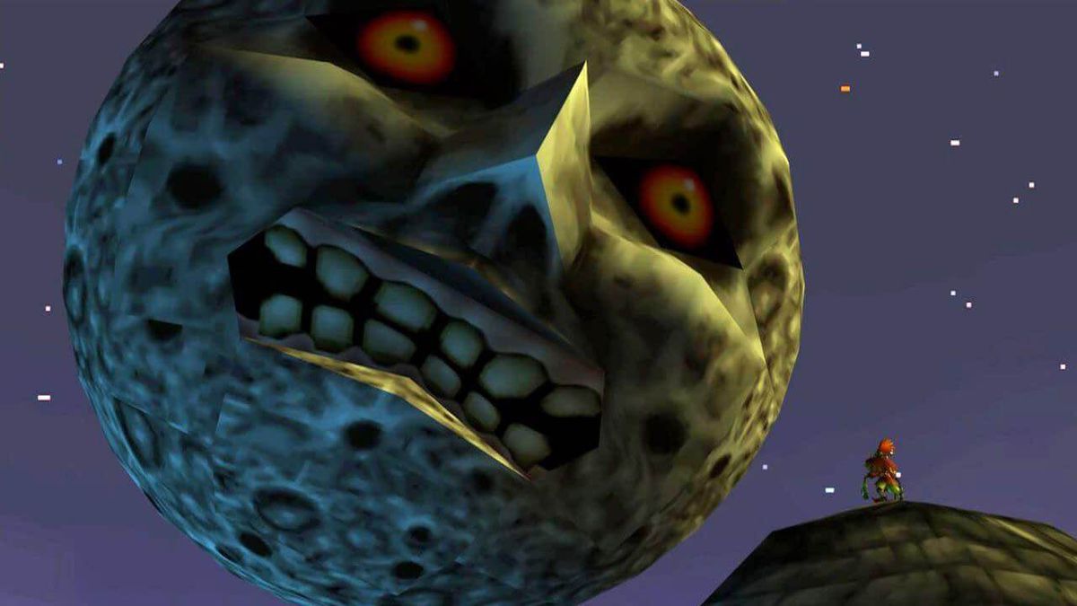 Skull Kid tittar upp på månen i The Legend of Zelda: Majora's Mask
