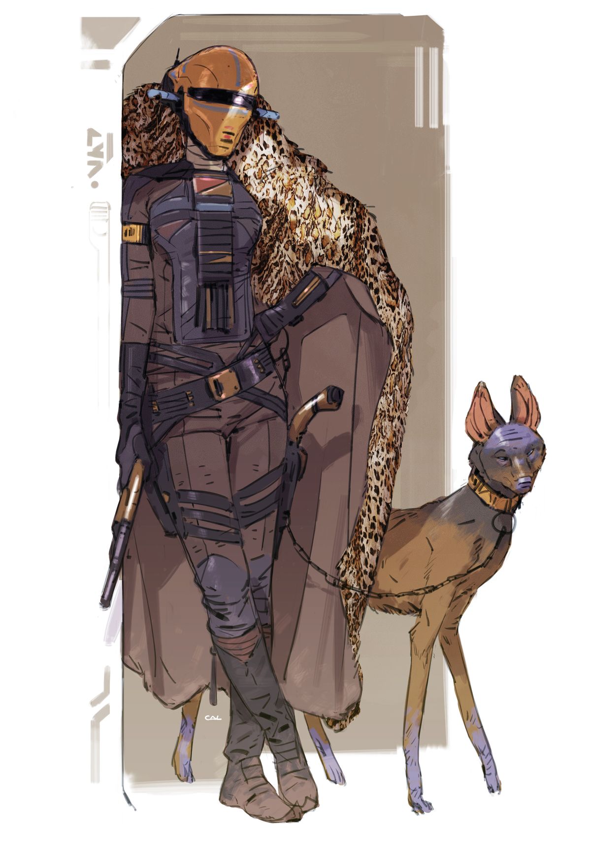 En tidig version av Zorii Bliss, stående med en leopardtryckt kappa, en litet, hundliknande varelse på en smal ledning från Star Wars-konceptkonst