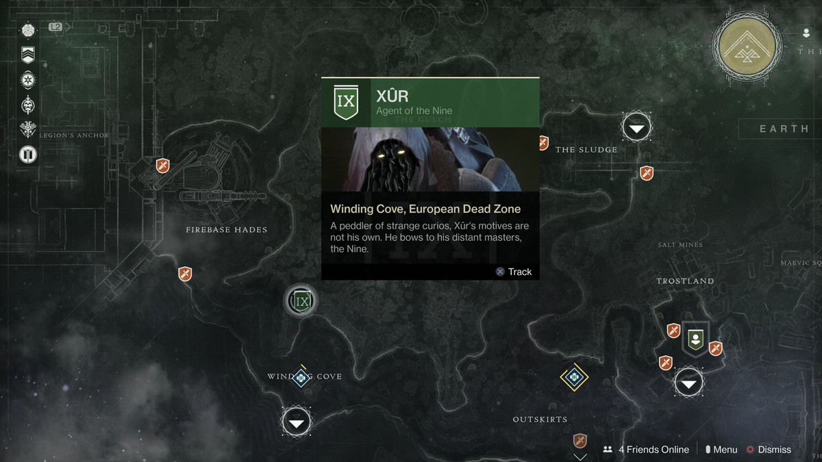 En karta över Xurs läge i EDZ i Destiny 2