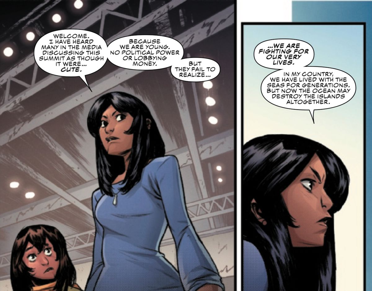 Unga aktivister Ailana Kabua talar om hur tonårsklimataktivister avfärdas, medan Kamala Khan / Ms. Marvel klockor, i Outlawed # 1, Marvel Comics (2020). 