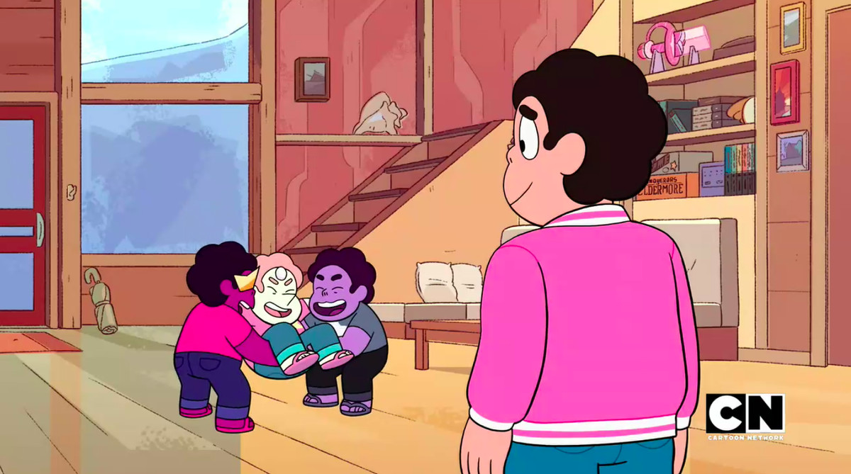 Steven Universe ler när hans vänner Garnet, Amethyst och Pearl alla tar på sig sin form.