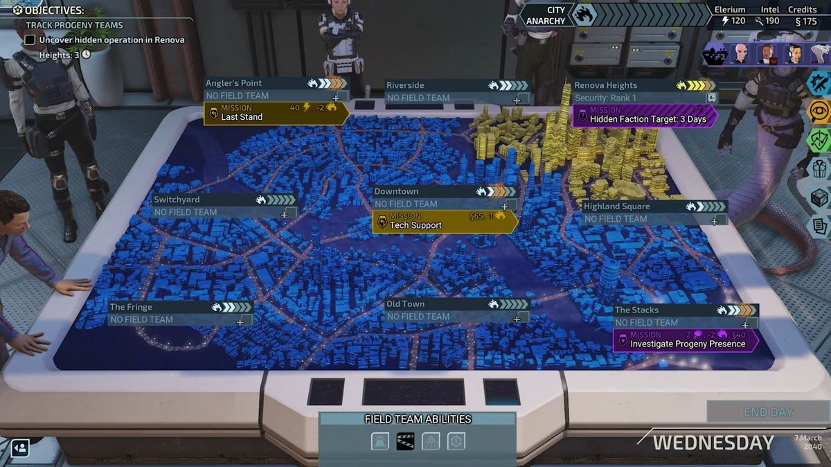 Världskartan över Chimera Squad visar en stadskarta med färgade kontrollområden. Uppdragen sprids över hela staden.