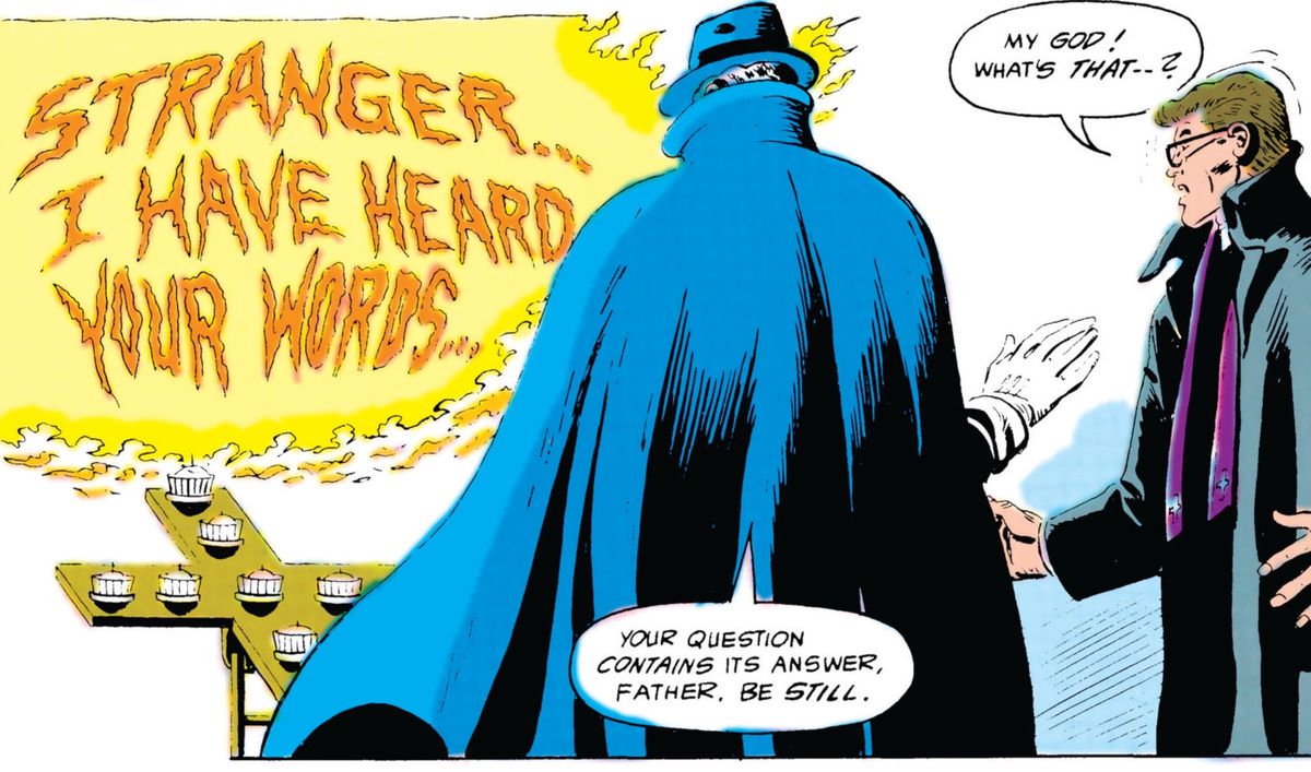 Stranger ... Jag har hört dina ord förkunnar bokstäver av levande eld, som en präst ser på med förvåning och Phantom Stranger tittar på stoiskt, i Secret Origins # 10, DC Comics (1987). 