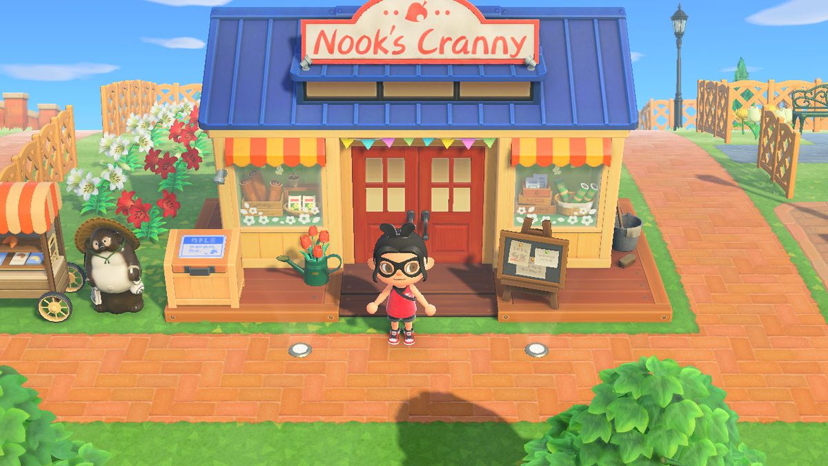 En Animal Crossing-karaktär står framför Nook's Cranny