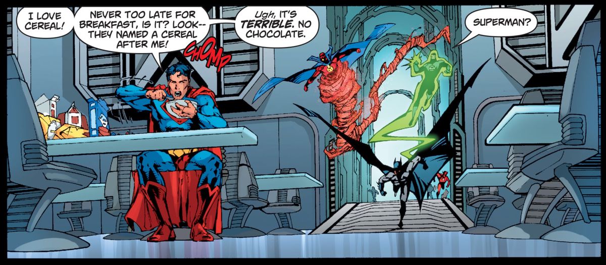 Superman använder superspeed för att äta allt spannmål i Justice League Watchtower när League fortsätter, i Superman / Batman # 46, DC Comics (2008). 