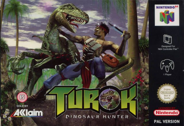 Boxkonst för Turok: Dinosaur Hunter, med den titulära jägaren som kämpar mot en theropod. 