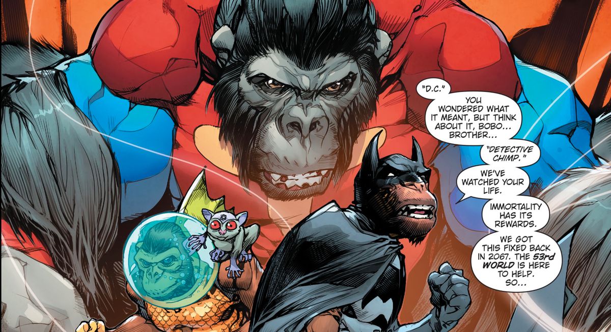 Ape-versioner av Batman, Aquaman, Superman och Atom, i Dark Knights Rising: The Wild Hunt # 1, DC Comics (20tk). 