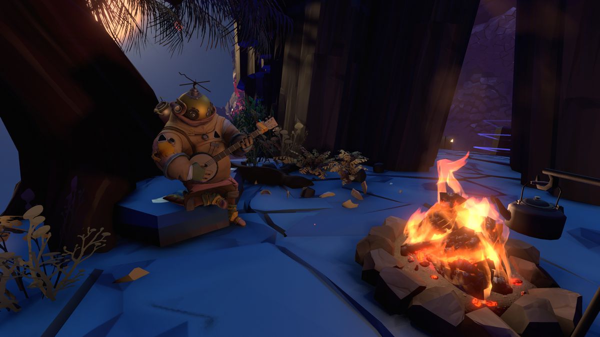 An astronaut sites next to a fire in Outer Wilds