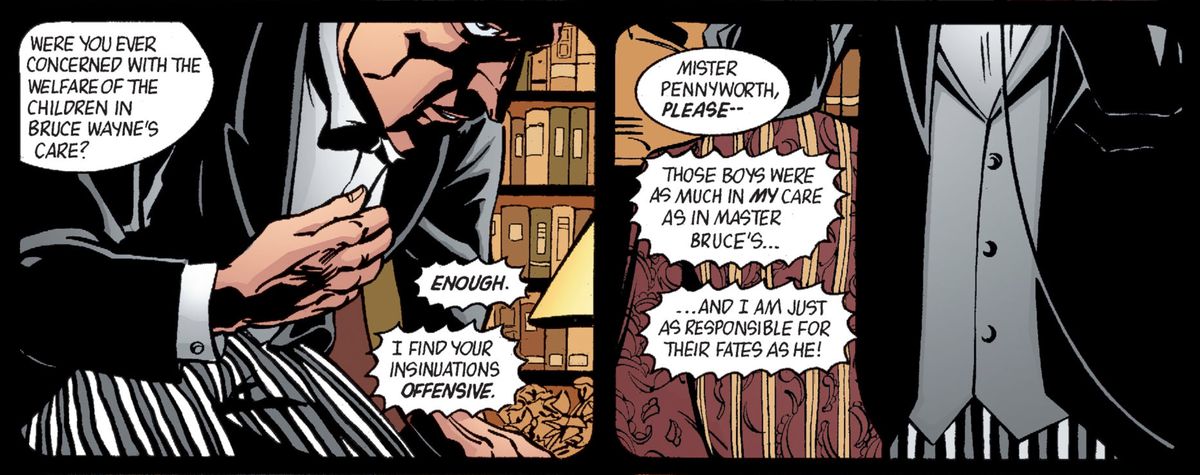 Alfred Pennyworth stormar ut ur en intervju med en socialarbetare efter att ha blivit frågad om han någonsin varit bekymrad över barnens välfärd i Bruce Waynes vård, i Batman: Gotham Knights # 45, DC Comics (2003). 