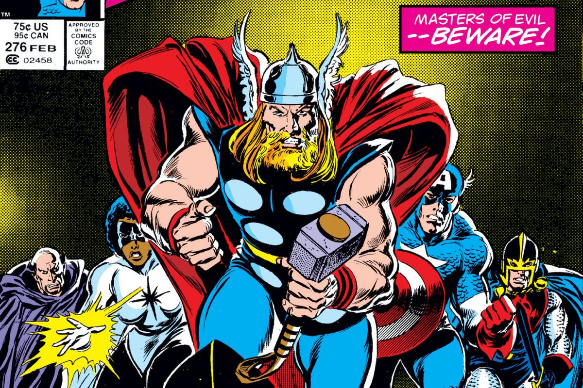 Thor and the Avengers (Captain America, Pulsar, Black Knight, Doctor Druid) laddar fram på omslaget till Avengers # 276, Marvel Comics (1977). 