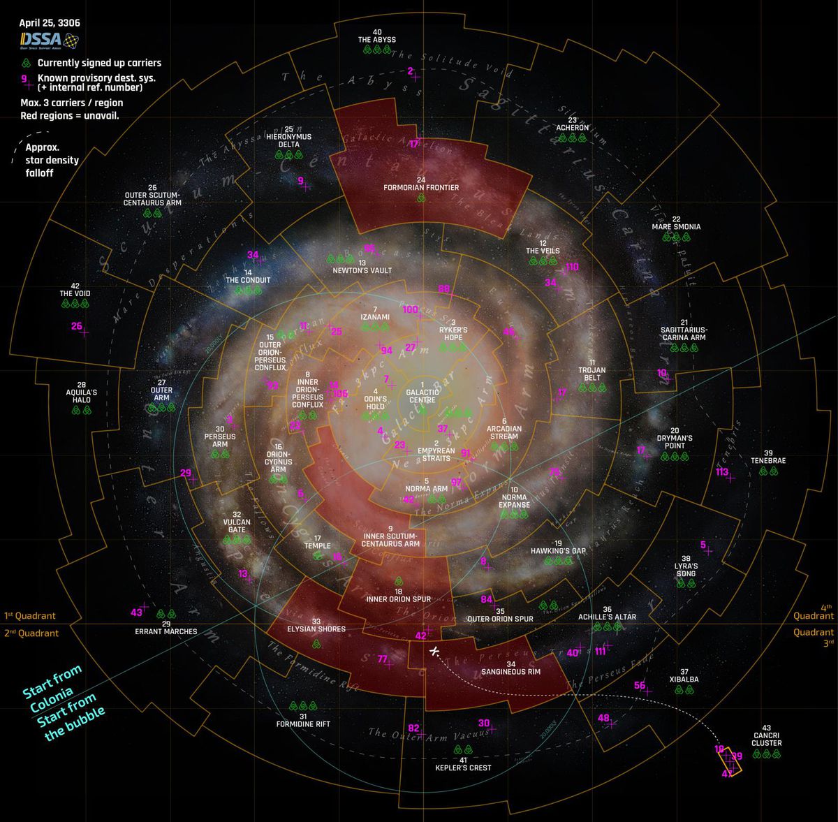 Den regionala kartan över Elite: Dangerous är uppdelad i dussintals sektorer. Denna version visar en överläggning av regionnamn, liksom den planerade distributionen av flottörbärare över hela galaxen.