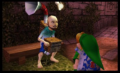 Link pratar med en främling som håller en låda