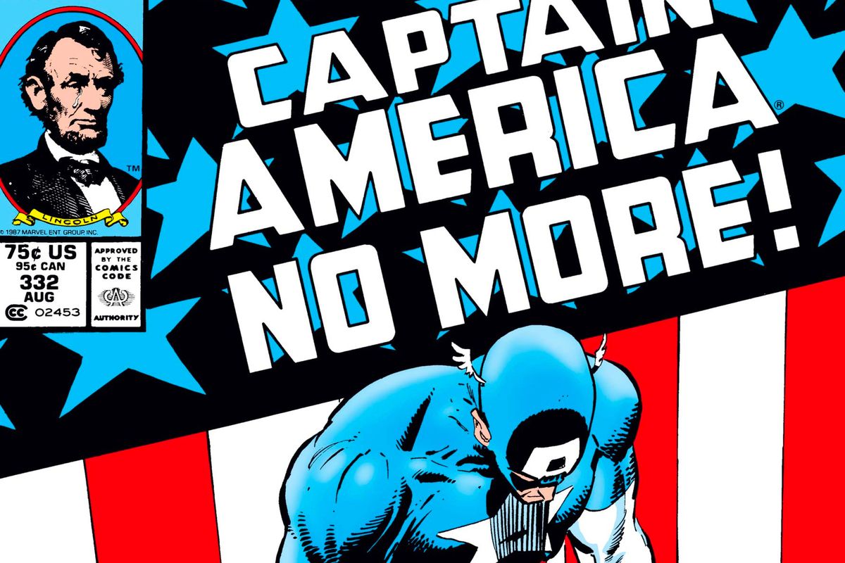 Captain America hänger huvudet nedanför ett banner som lyder 