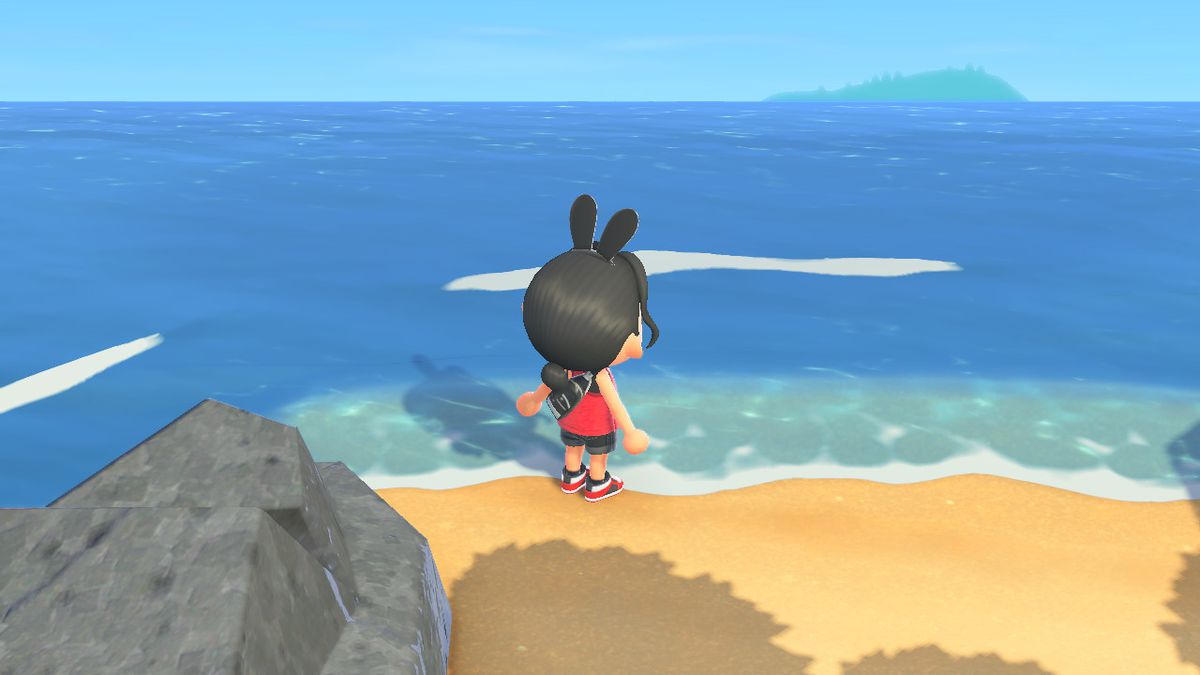 En Animal Crossing-karaktär står på det lilla, hemliga strandområdet som vetter mot havet