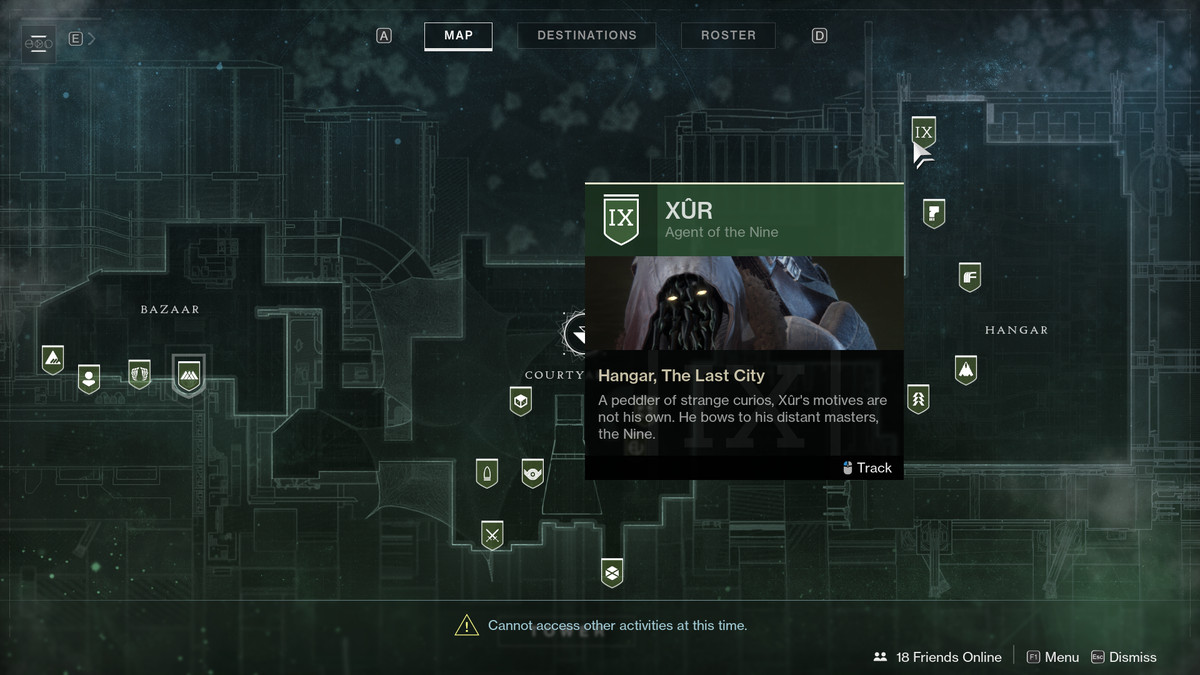 en skärmdump av Destiny 2s karta som visar placeringen av Xur i Tower Hangar