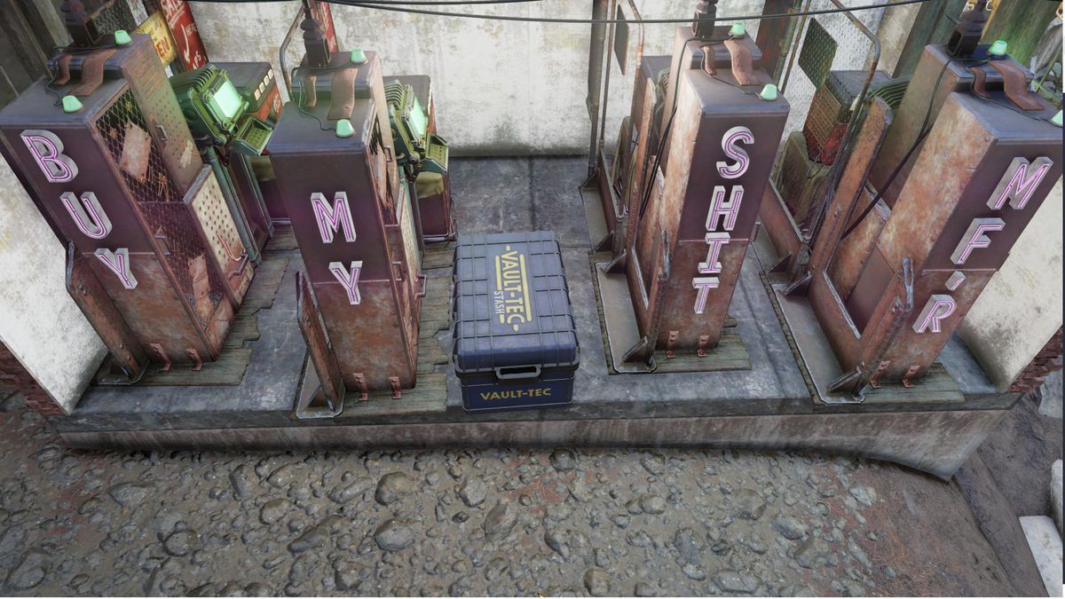 Fallout 76 - en rad automater med skyltar på dem som uttrycker KÖP MY SKIT MF’R