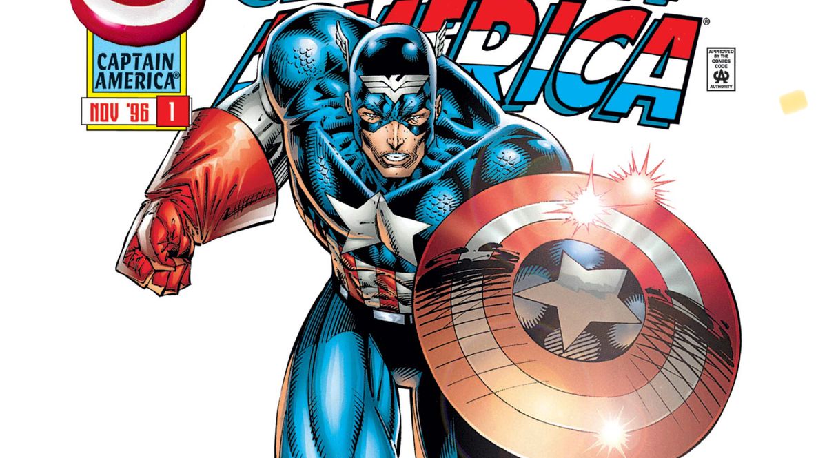 Captain America springer mot betraktaren på omslaget till Captain America # 1, Marvel Comics (1996). 