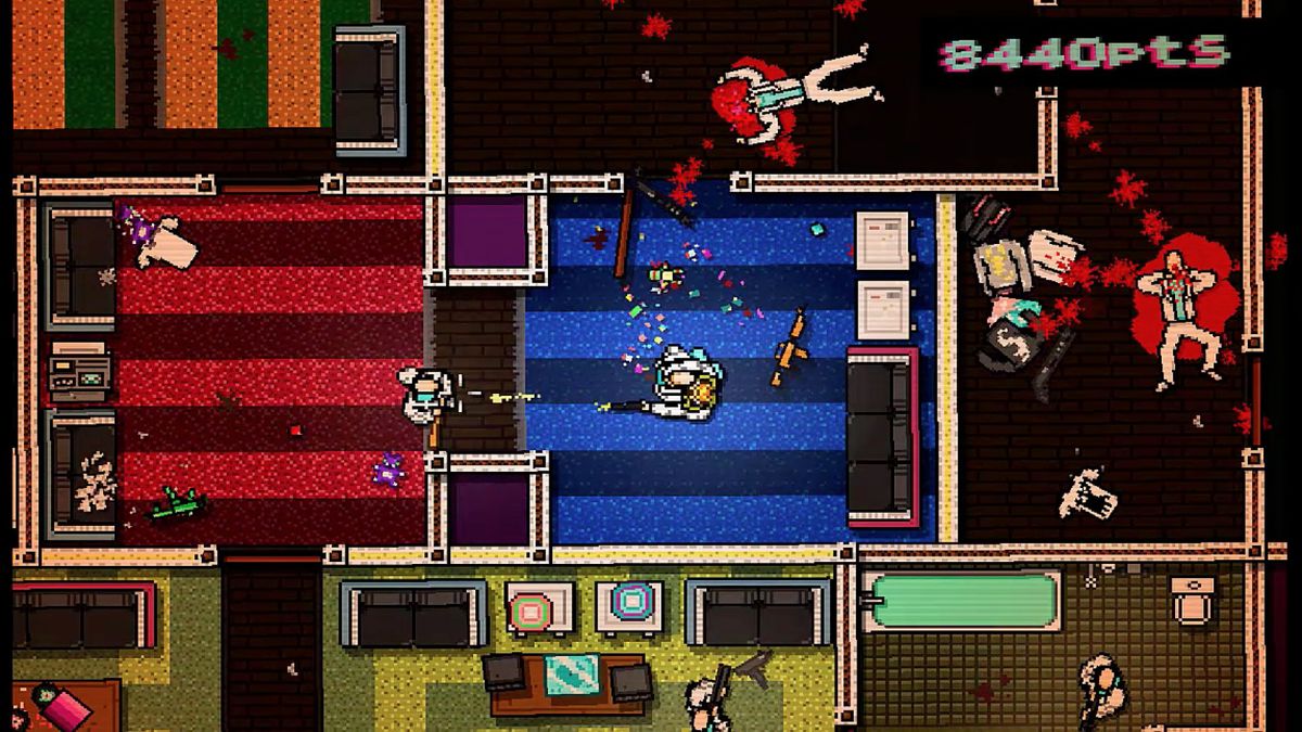Hotline Miami - en spelare tar en fiende som gisslan, på ett golv han är fylld med rörigt våld.